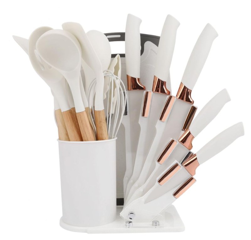 JUEGO DE CUCHILLOS DE COCINA CON UTENSILIOS Y TABLA DE PICAR COLOR BLANCO EVRYEALTH 18PCS