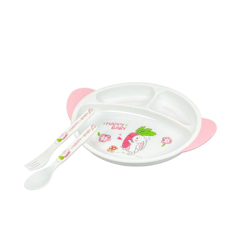 PLATO EN SET INFANTIL PARA BEBES 3 EN 1, PLATO CON COMPARTIMIENTOS, TENEDOR Y CUCHARA