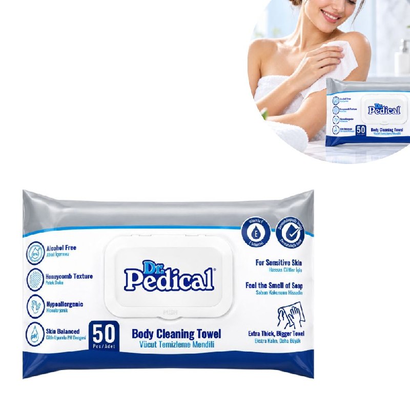 TOALLITAS HUMEDAS PARA LIMPIEZA CORPORAL CON VITAMINA E REFRESCANTE DR PEDICAL 50UND