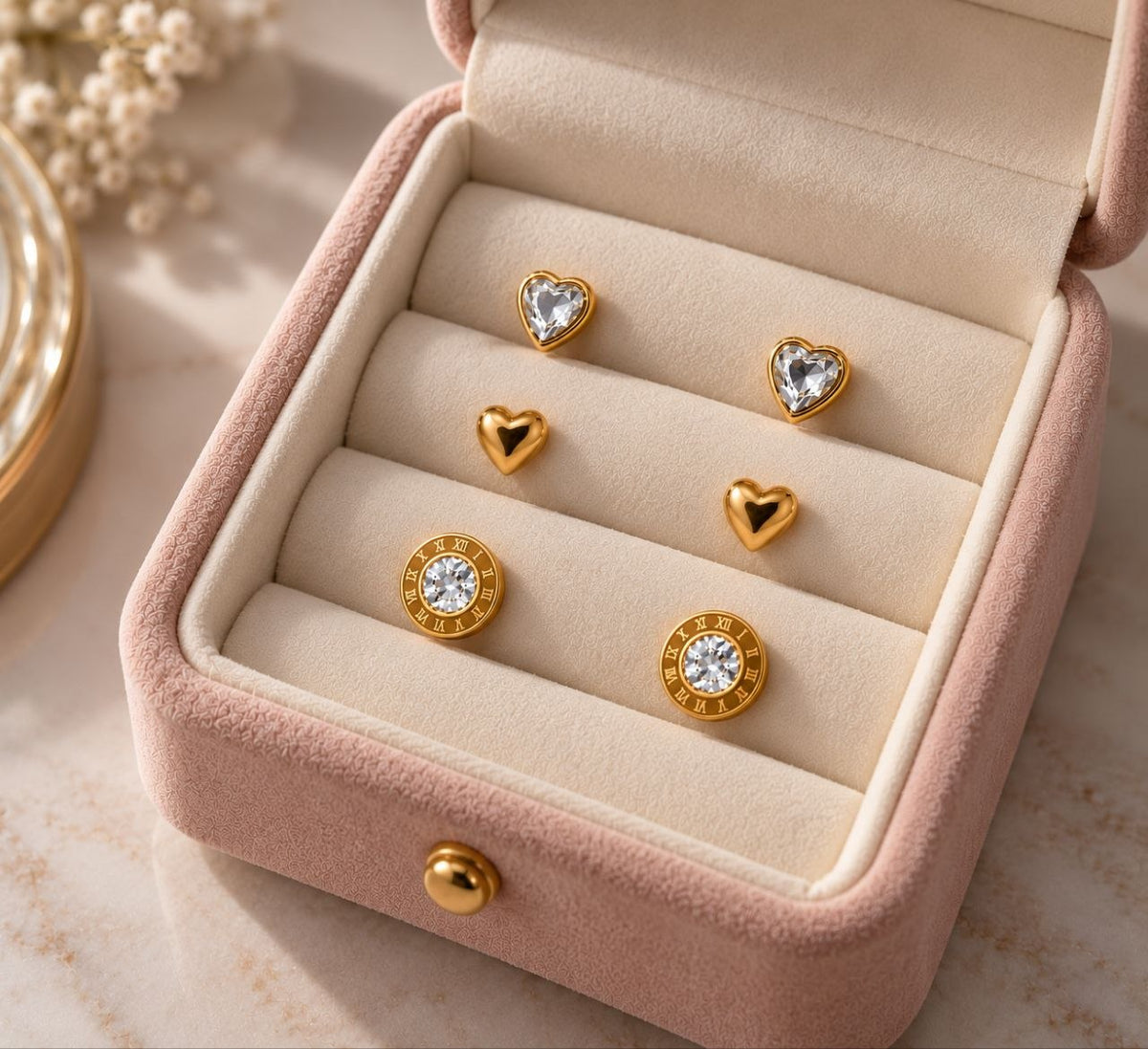 SET DE ARITOS DE ENCHAPE PARA DAMA JUEGO DE 3 PARES CON DISEÑOS DE CORAZÓN CON CIRCÓN, CORAZÓN LISO Y CIRCULAR CON NÚMEROS ROMANOS Y CIRCÓN CENTRAL 0.6CM, 0.8CM Y 0.6CM