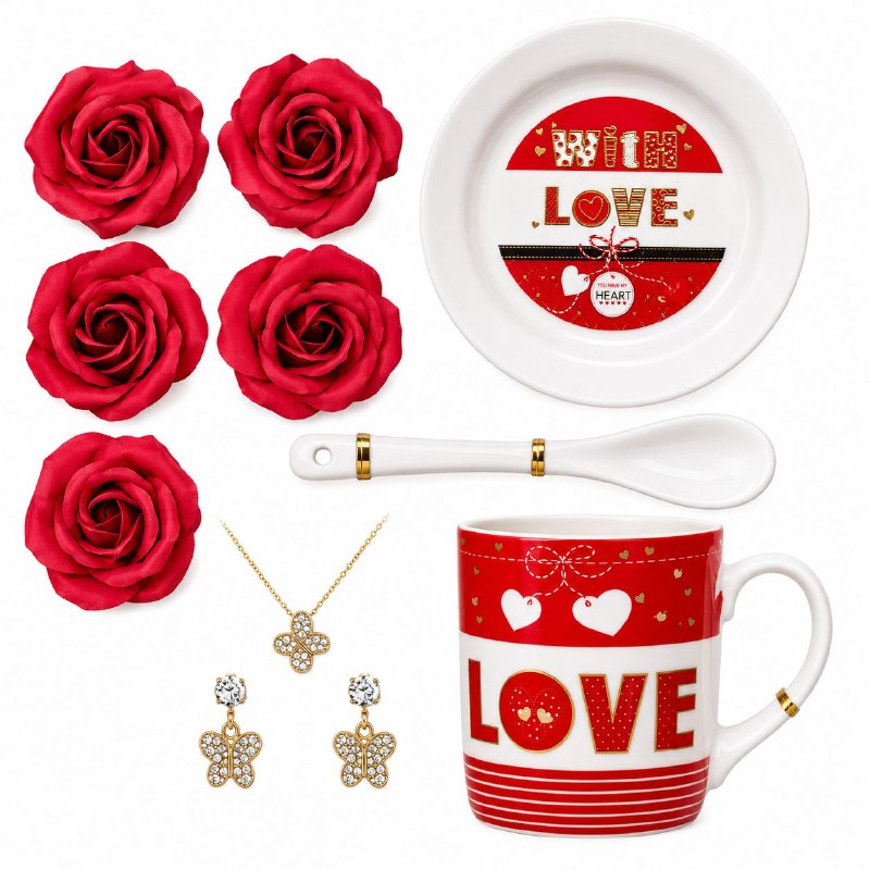 SET DE REGALO DE 9 PIEZAS LOVE (TAZA, PLATO, CUCHARA, SET DE JOYERÍA Y ROSAS) 1 UND