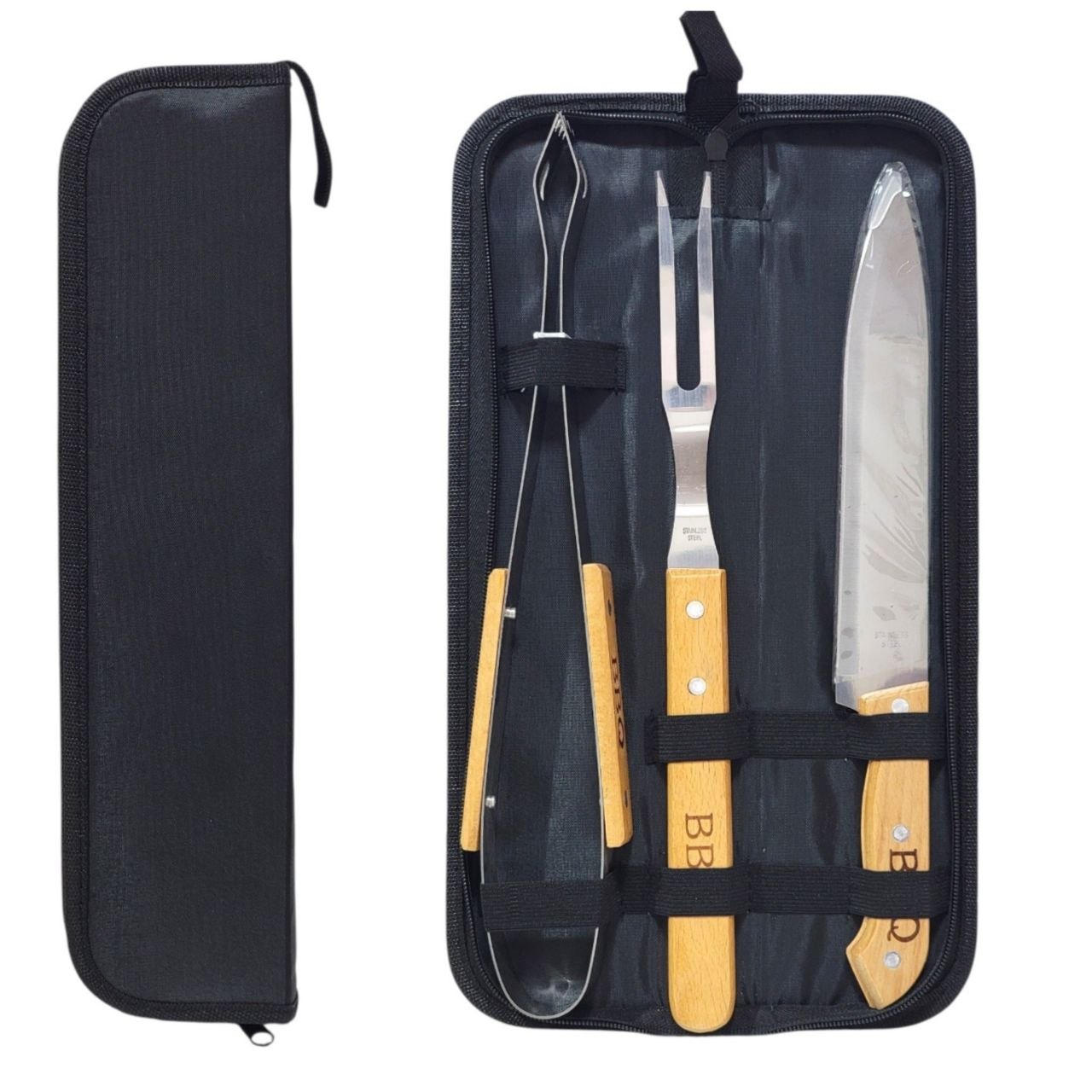 SET PARRILLERO PINZAS, UN TENEDOR TRINCHANTE Y UN CUCHILLO, TODOS CON MANGOS DE MADERA Y ESTRUCTURAS DE ACERO INOXIDABLE