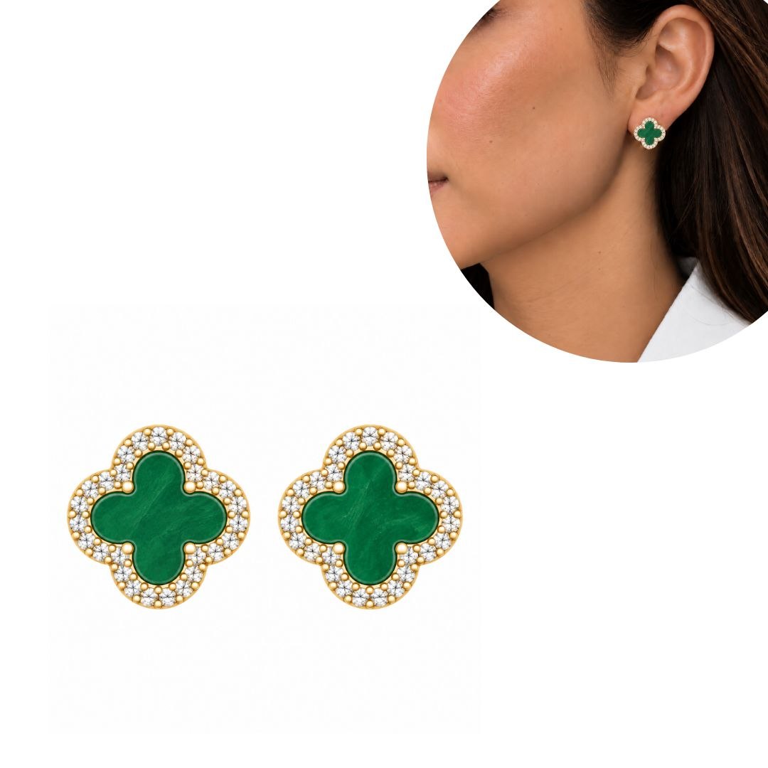 ARITOS DE ENCHAPE CON DISEÑO DE TRÉBOL VERDE CON CIRCONES 1.2CM