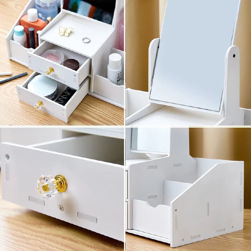 ORGANIZADOR ESTANTE DE COSMETICOS COLOR BLANCO CON ESPEJO DOBLE CAJON 35X16X28CM