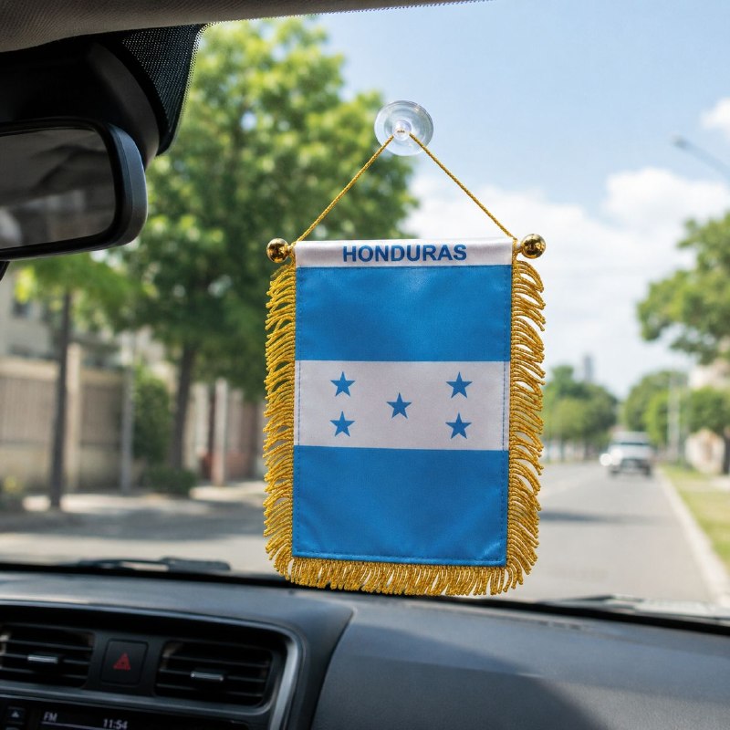 MINI BANDERA DECORATIVA DE HONDURAS CON FLECOS DORADOS CORDON Y VENTOSA