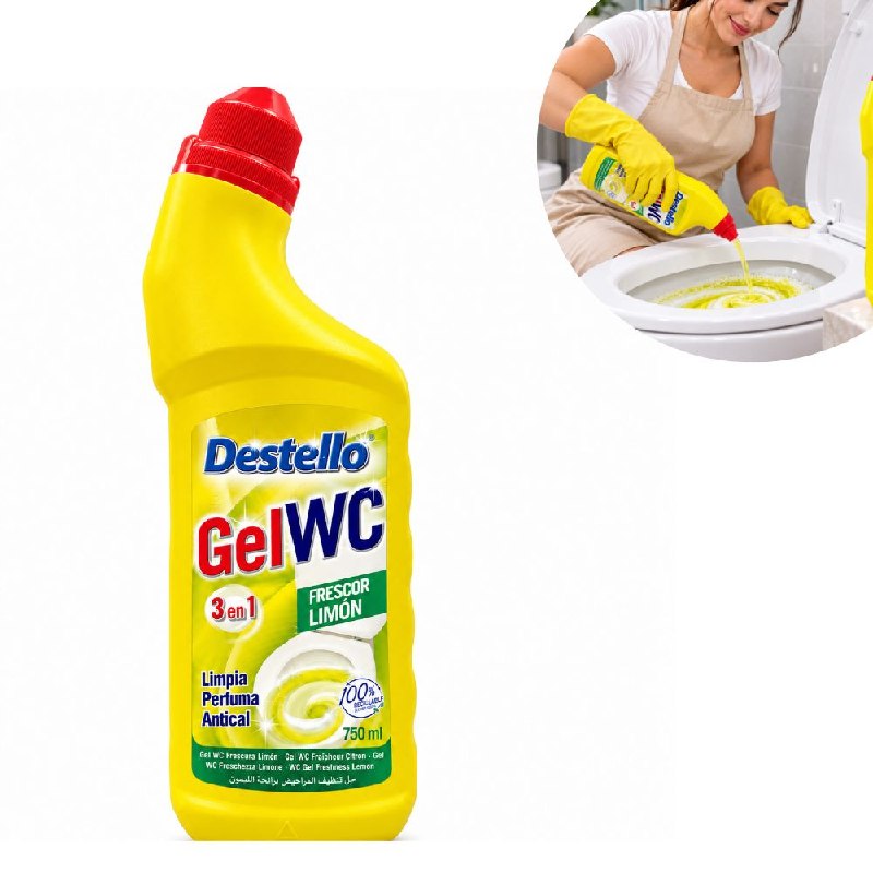 GEL LIMPIADOR DESINFECTANTE 3 EN 1 PARA BAÑO INODOROS CON AROMA LIMON DESTELLO 750ML