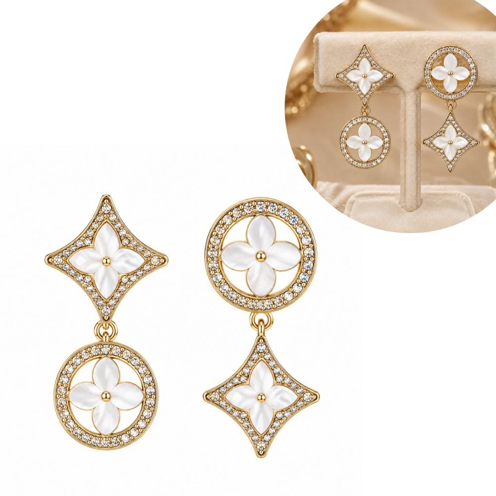 ARITOS DE ENCHAPE EN DORADO PARA DAMA ASIMÉTRICOS COLGANTES DE FLOR Y ESTRELLA EN NÁCAR CON PAVÉ DE CIRCONES