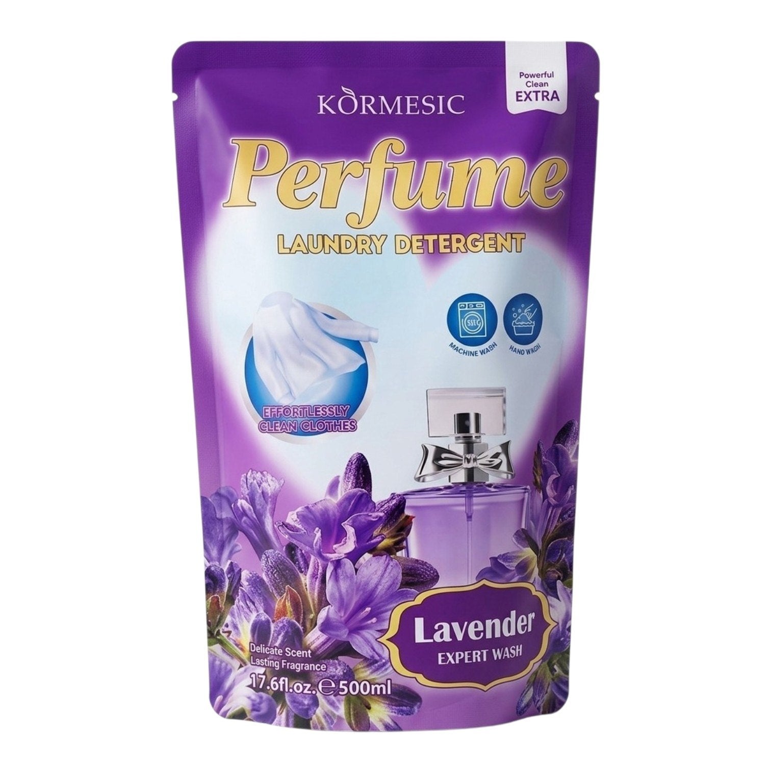 DETERGENTE LÍQUIDO PARA ROPA LIMPIEZA EFECTIVA AGRADABLE FRAGANCIA A LAVANDA UIDADO Y PERFUME EN CADA CICLO DE LAVADO KORMESIC 500ML