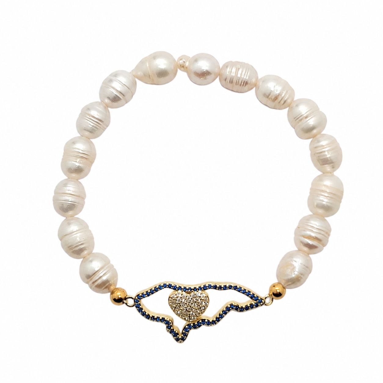 PULSERA DE ENCHAPE ELÁSTICA PARA DAMA CON PERLAS DE RÍO, DIJE MAPA DE HONDURAS Y CORAZÓN DE CIRCONES