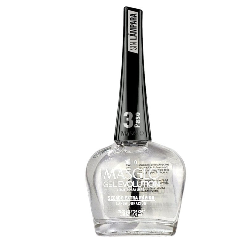 ESMALTE PARA UÑAS DE SECADO RAPIDO BRILLO FINALIZADOR MASGLO 13.5ML PASO 3