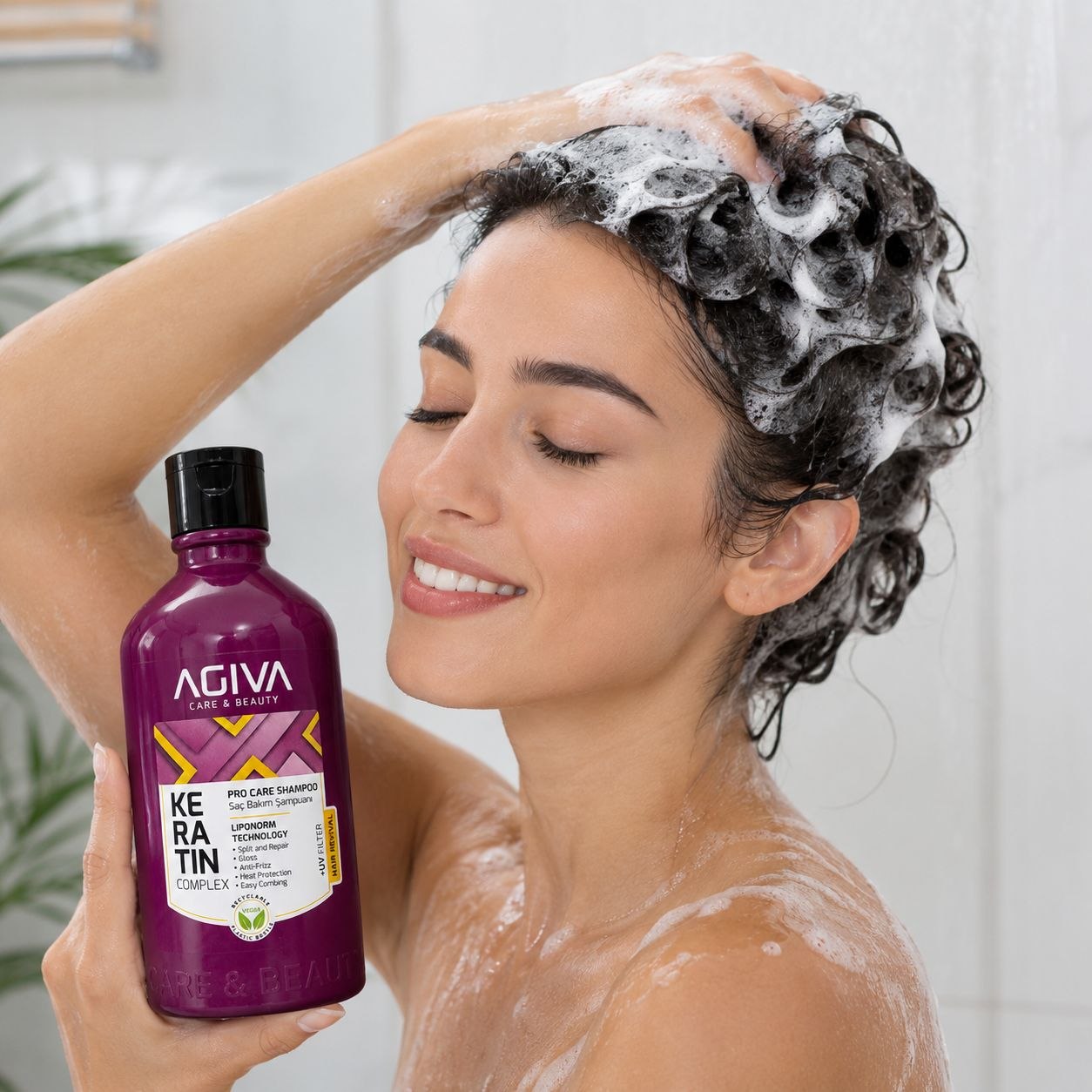 CHAMPÚ QUERATINA REPARADOR, ANTI-FRIZZ Y FILTRO UV AGIVA CARE & BEAUTY 500ML