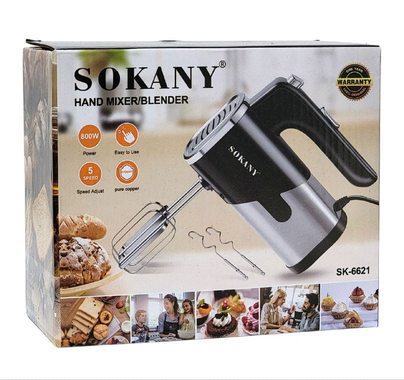 MAQUINA BATIDORA DE MANO SK-6621, 5 CONFIGURACIONES DE VELOCIDAD, BASTIDORES DE ACERO INOXIDABLE, SEGURO, FACIL DE LIMPIAR 800W SOKANY