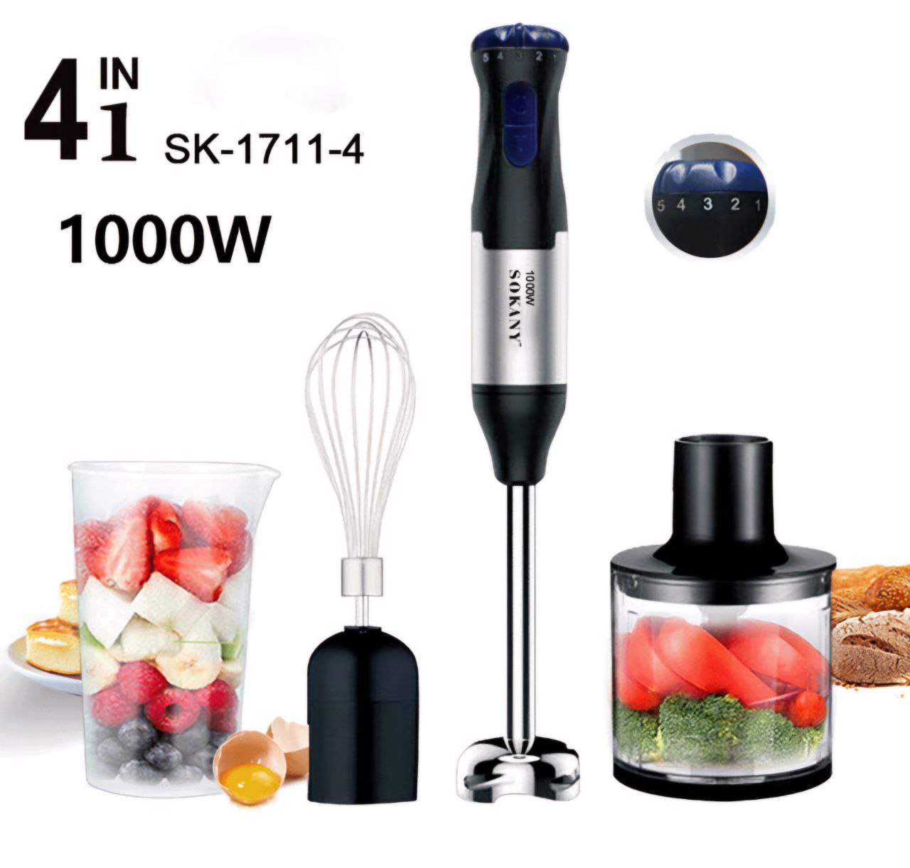 MAQUINA BATIDORA DE MANO SK-1711-4, 4 EN 1, BOTON DE SEGURIDAD, CAMPANA DE POTENCIA RAPIDA, EJE DE ACERO INOXIDABLE DESMONTABLE, 1000W, 5 VELOCIDADES SOKANY