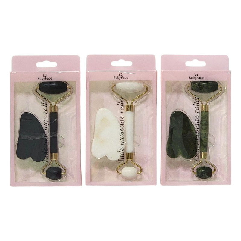 KIT DE MASAJE FACIAL RODILLO DE JADE Y PIEDRA GUA SHA 3 COLORES RUBY FACE JUDE MASSAGE ROLLER