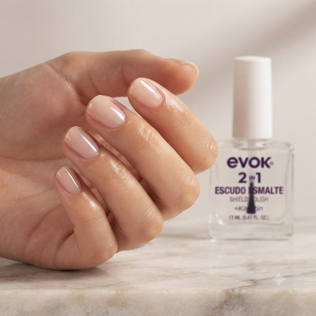 ESMALTE DE UÑAS SISTEMA INTERCONECTADO 2-EN-1 PARA PROTECCIÓN Y ADHERENCIA BASE Y BRILLO FORTALECEDOR EVOK 13 ML