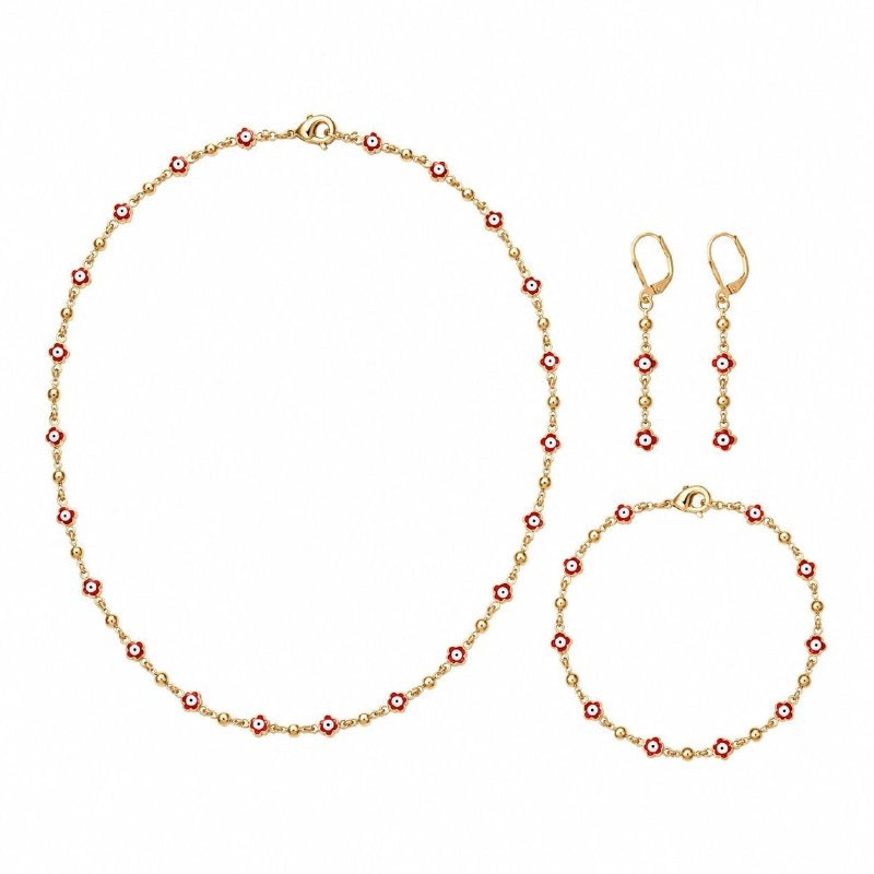 SET DE ENCHAPE PARA DAMA COLLAR, PULSERA Y ARETES MOTIVO OJO TURCO / FLOR ESMALTADA ROJA