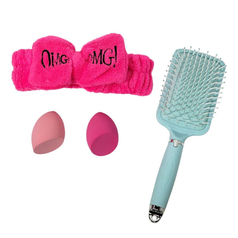 KIT DE CUIDADO FACIAL Y DE CABELLO, CEPILLO DESENREDANTE, ESPONJA MAQUILLAJE, VINCHA ELASTICA, 4 COLORES SWEET BEAUTY