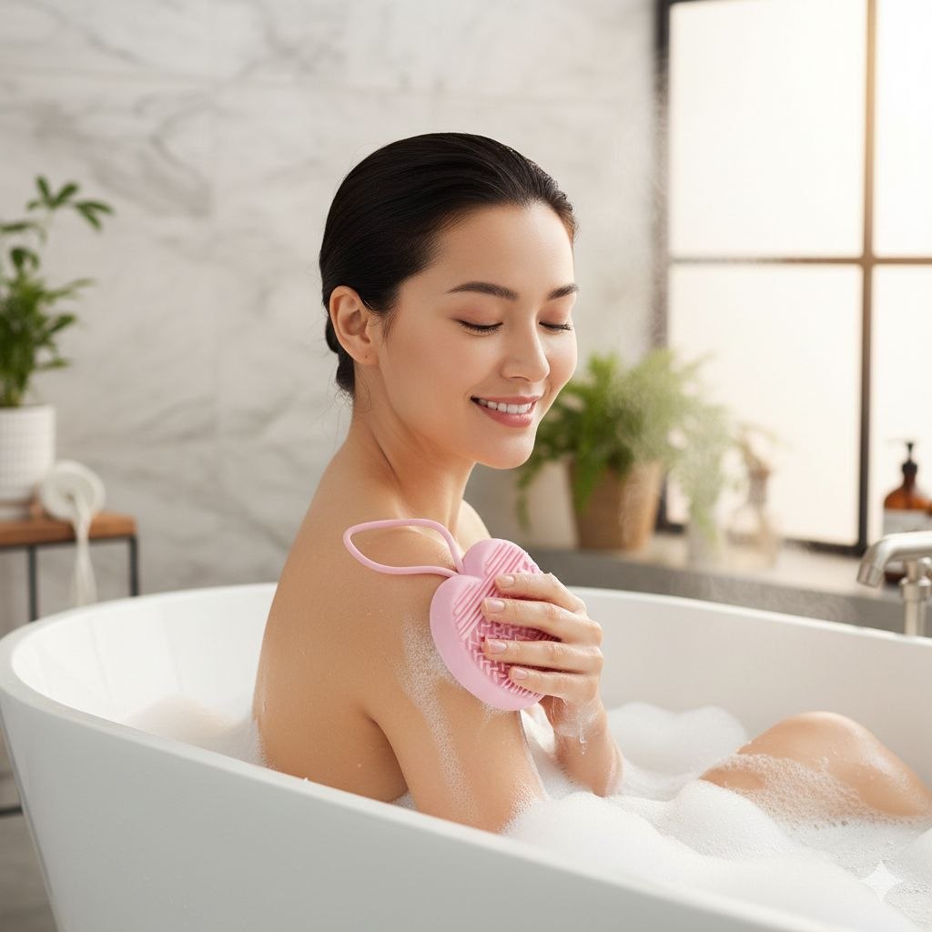 CEPILLO DE SILICONA PARA DUCHA CON FORMA DE MANZANA