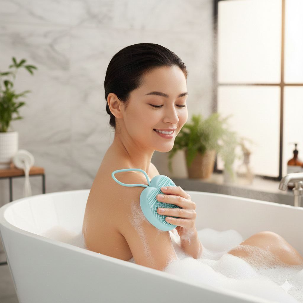 CEPILLO DE SILICONA PARA DUCHA CON FORMA DE MANZANA