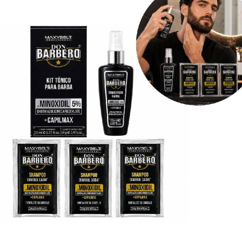SET DE 4 PIEZAS ESTIMULANTE PARA BARBA CON MINOXIDIL 5% Y CAPILMAX ESTIMULANTE, FORTALECEDOR Y ANTICAIDA MAXYBELT