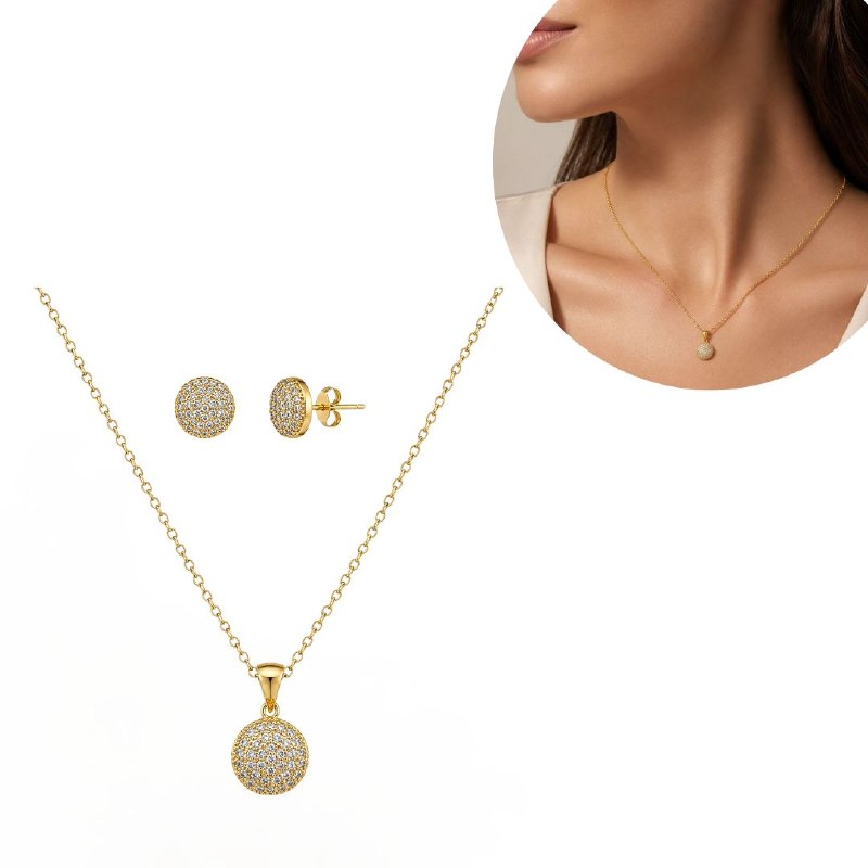 SET DE ENCHAPE PARA DAMA CADENA, DIJE Y TOPOS CIRCULAR PAVÉ CON CRISTALES