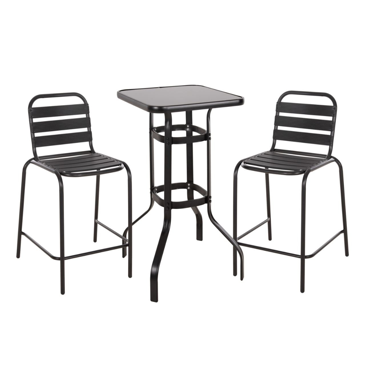 MESA COMEDOR DE BISTRO PARA PATIO AL AIRE LIBRE, CON 2 SILLAS DE METAL INCLUIDAS, MESA ALTA CON BATTA DE VIDRIO TEMPLADO HOMESTAR 104X80X49CM