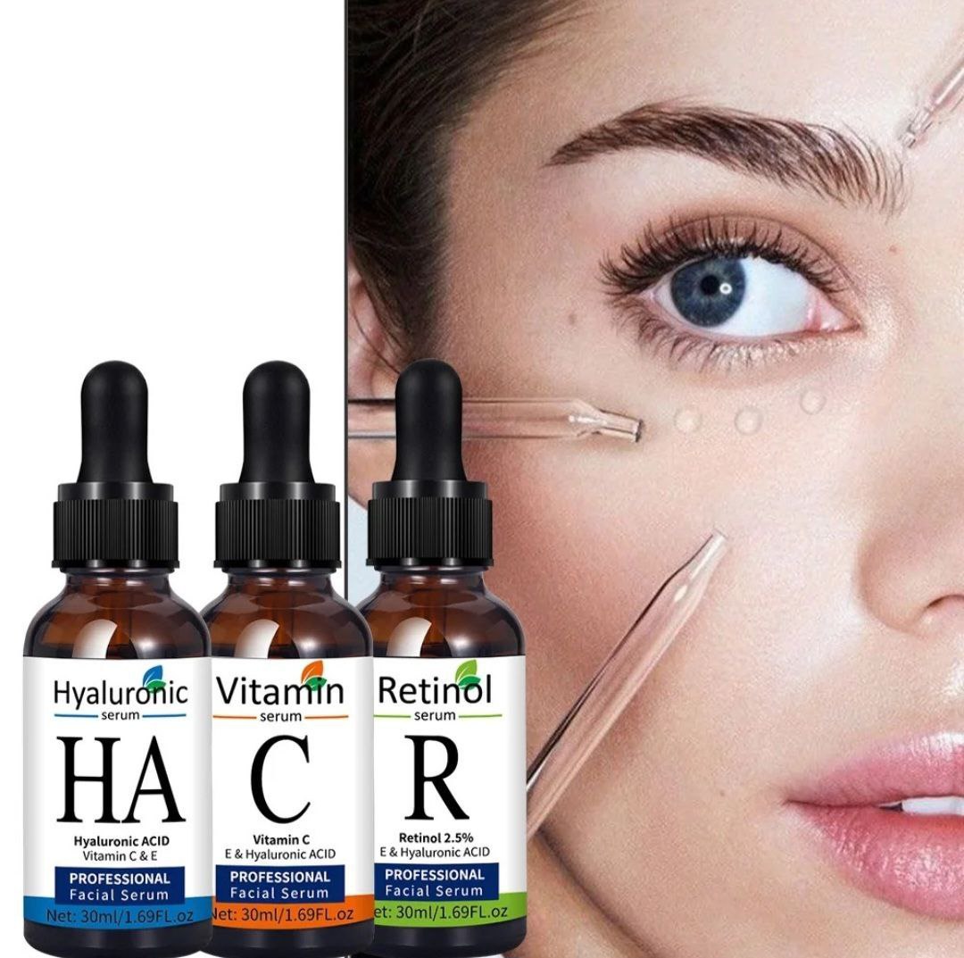 SET DE SUERO FACIAL CON VITAMINA C ACIDO HIALURONICO Y RETINOL 3PCS