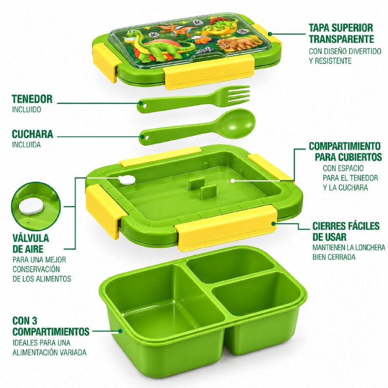 RECIPIENTE PANA PARA ALIMENTOS HERMETICA DE 3 COMPARTIMIENTOS CON CUBIERTOS PARA NIÑOS(AS) FRESH GUARD 1400ML