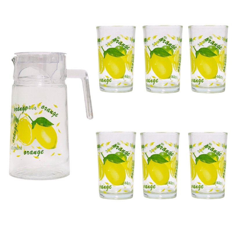 SET DE JARRA Y 7 VASOS CON DISEÑO FRUTAL AMARILLO DE VIDRIO BENELI HOME