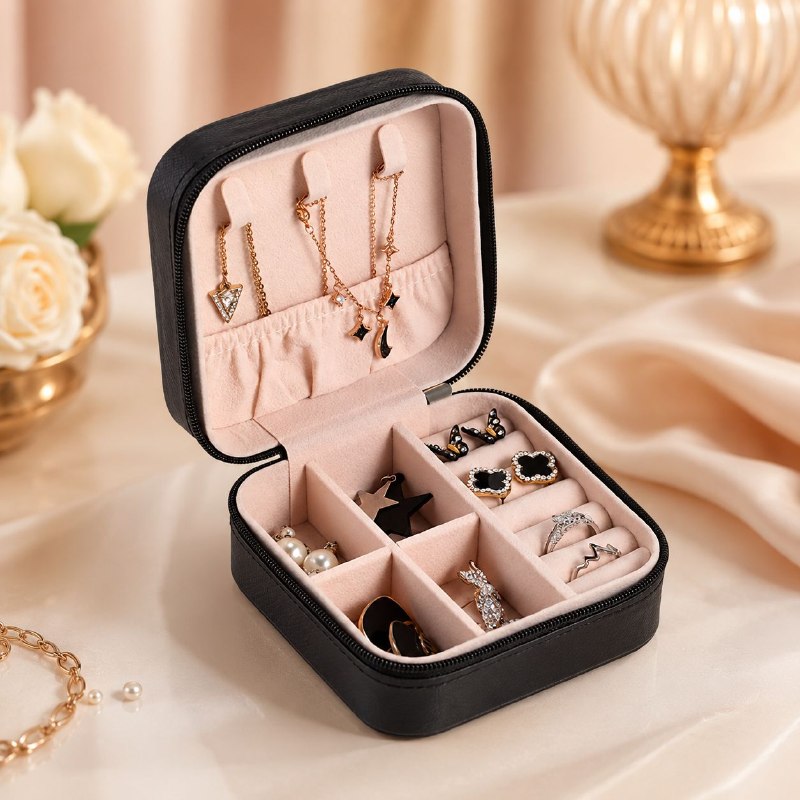 ORGANIZADOR MINI JOYERO DE VARIOS COMPARTIMIENTOS DE TAMAÑO COMPACTO 10.2X10.2CM