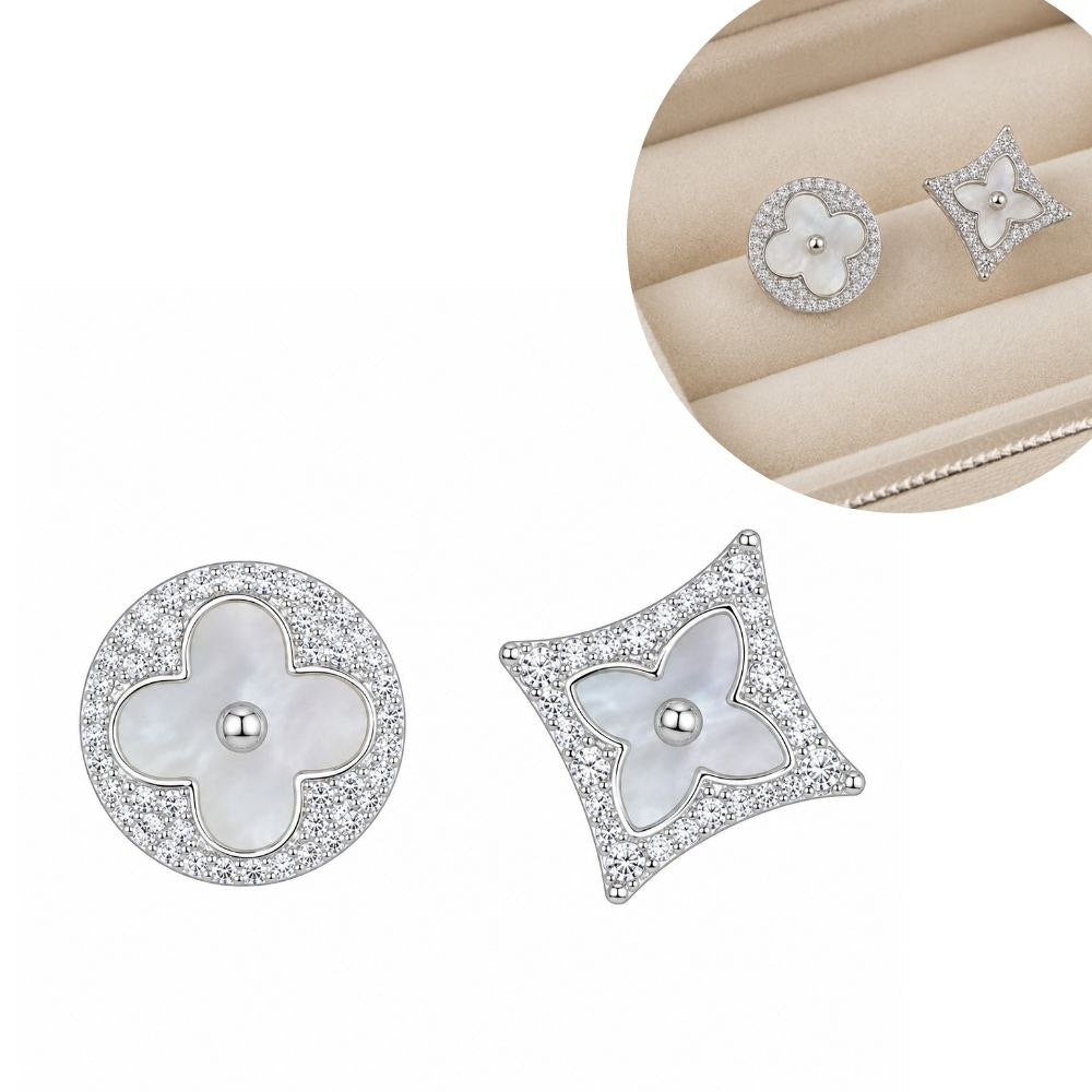 ARETES DE ENCHAPE EN RODIO PARA DAMA ASIMÉTRICOS DE FLOR Y ESTRELLA NÁCAR EN PAVÉ