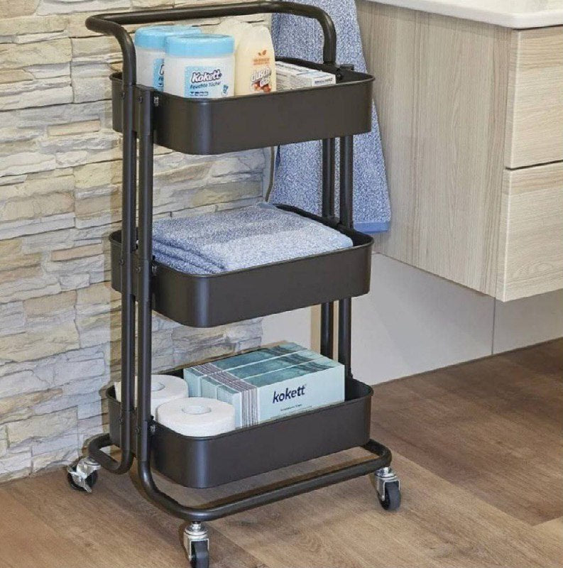 ORGANIZADOR CARRITO ORGANIZADOR DE ALMACENAMIENTO DE METAL DE 3 NIVELES, MULTIUSOS PARA BAÑO, COCINA O DORMITORIO COLOR NEGRO 44.5X33X13CM