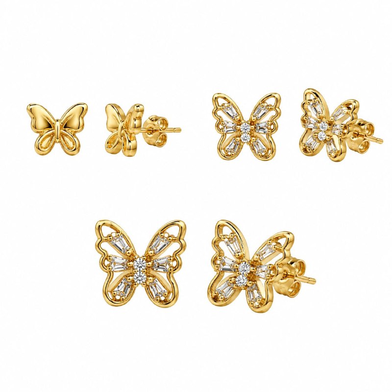 SET DE 3 PARES DE ARITOS DE ENCHAPE PARA DAMA CON DISEÑO DE MARIPOSA (DUPE BRILLIANT EARTH)
