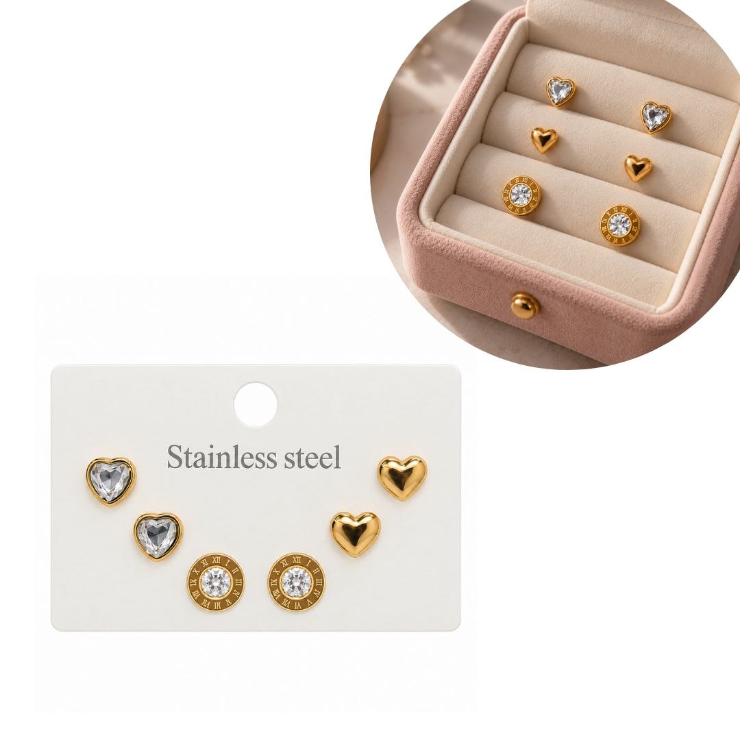 SET DE ARITOS DE ENCHAPE PARA DAMA JUEGO DE 3 PARES CON DISEÑOS DE CORAZÓN CON CIRCÓN, CORAZÓN LISO Y CIRCULAR CON NÚMEROS ROMANOS Y CIRCÓN CENTRAL 0.6CM, 0.8CM Y 0.6CM