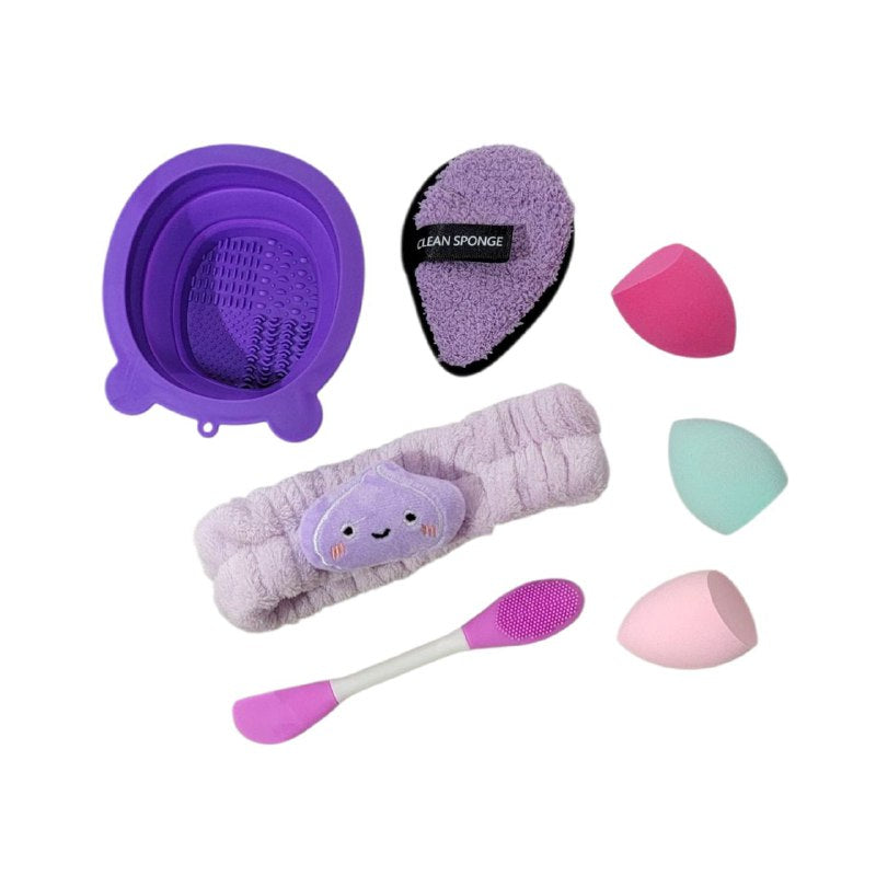 KIT DE CUIDADO FACIAL, ESPONJAS MAQUILLAJE, ESPONJA LAVADO FACIAL, VINCHA ELASTICA, MINI BOWL PLEGABLE PARA LAVAR BROCHAS KISS LOVELY