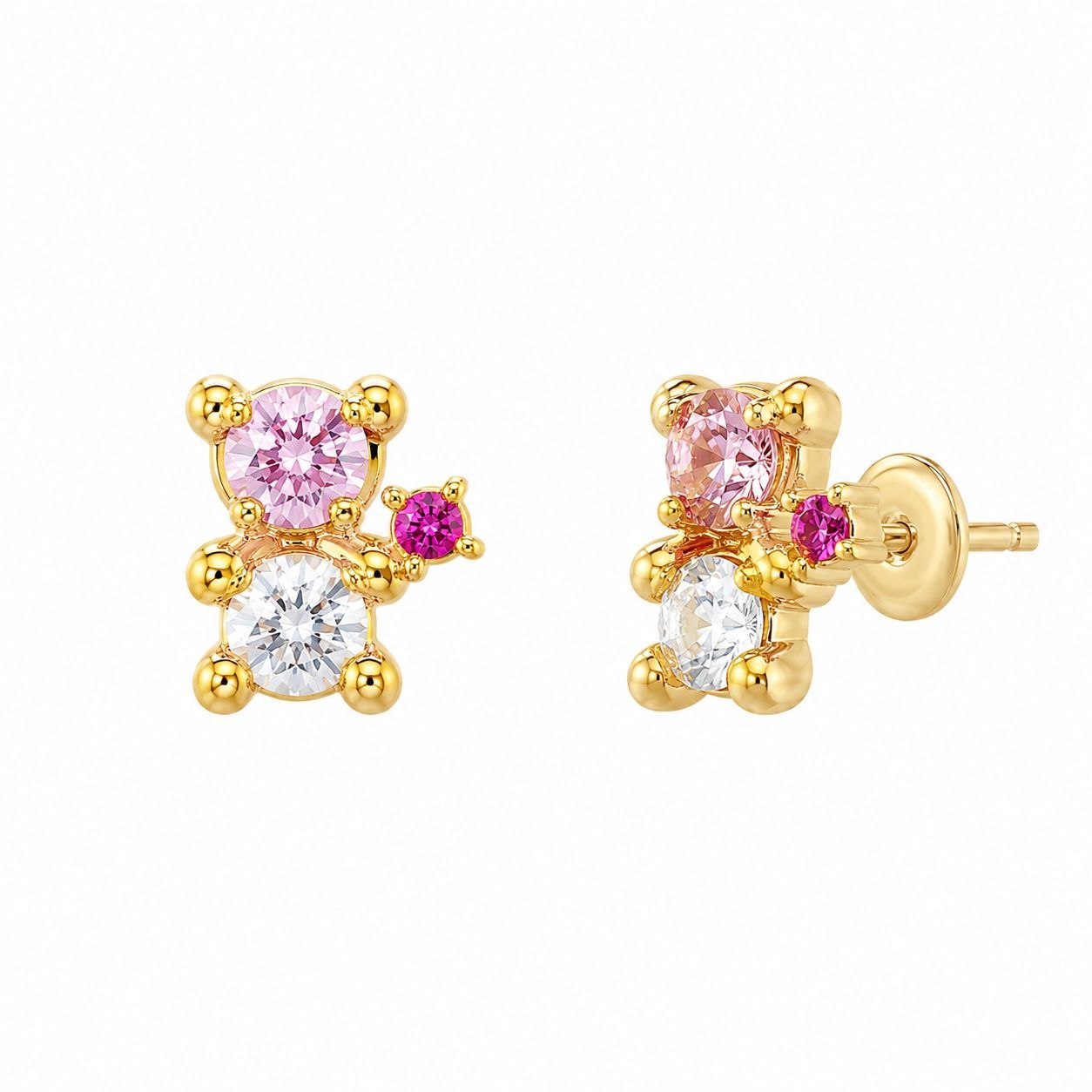 ARITOS DE ACERO INOXIDABLE CON BAÑO DE ENCHAPE CON DISEÑO DE OSITO EN CIRCONES ROSA Y CRISTAL