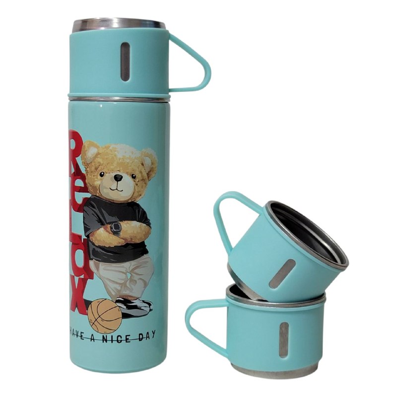 SET DE TERMO CON TAZAS DE ACERO INOXIDABLE 3 PIEZAS VACUUM FLASK 500ML 5 ESTILOS
