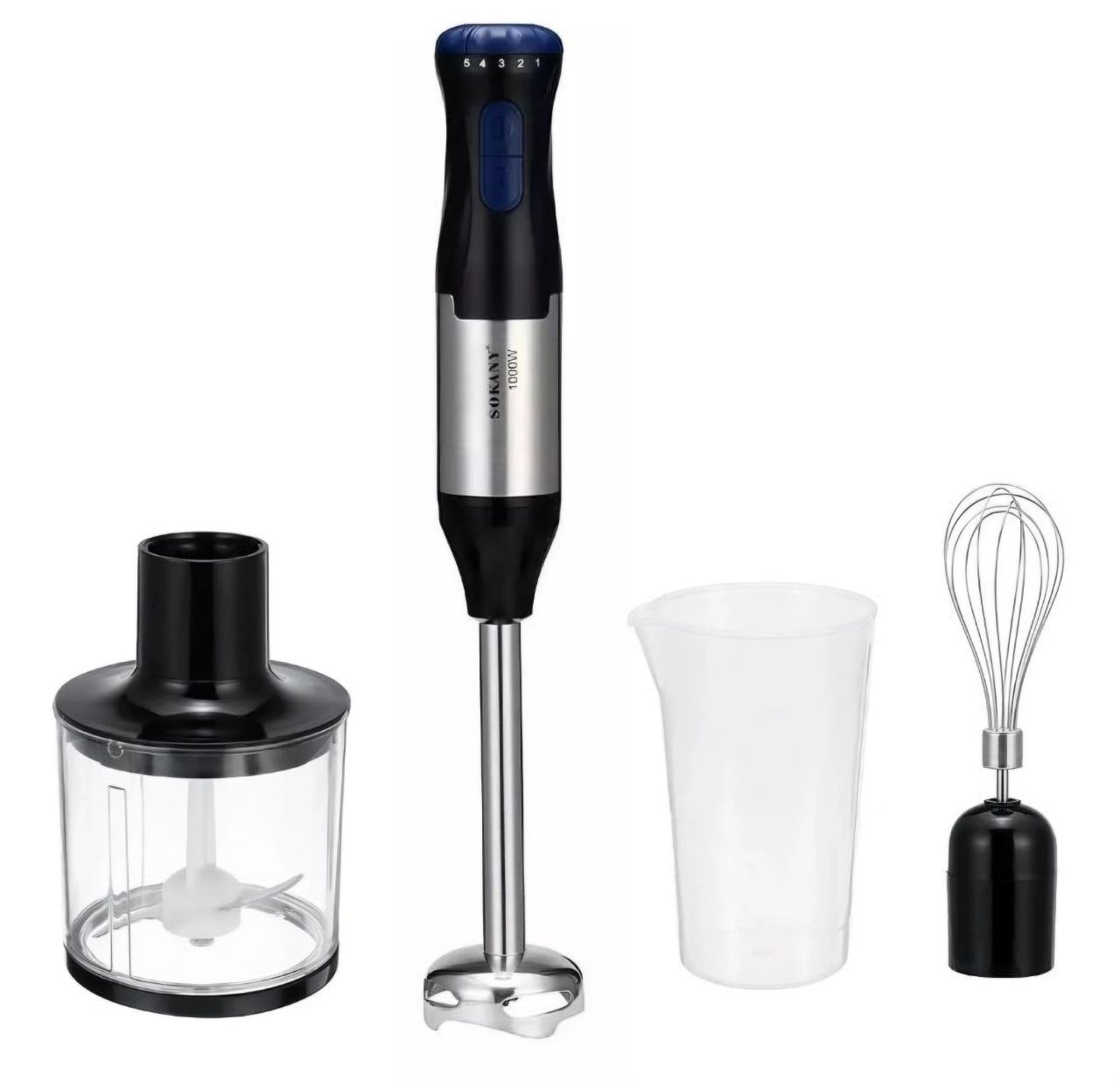 MAQUINA BATIDORA DE MANO SK-1711-4, 4 EN 1, BOTON DE SEGURIDAD, CAMPANA DE POTENCIA RAPIDA, EJE DE ACERO INOXIDABLE DESMONTABLE, 1000W, 5 VELOCIDADES SOKANY