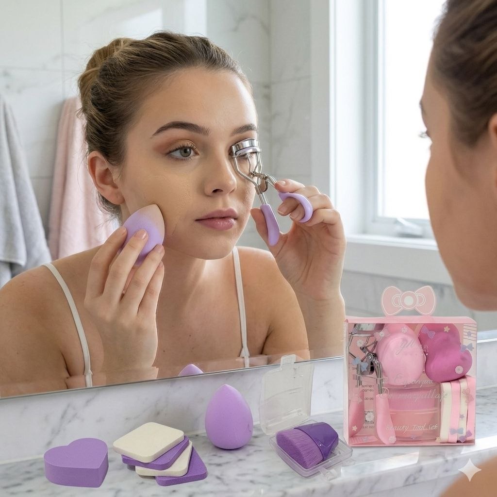 SET DE HERRAMIENTAS DE BELLEZA RIZADOR DE PESTAÑAS ESPONJAS TIPO BEAUTY BLENDER Y BORLAS YH BEJA COSMETICS