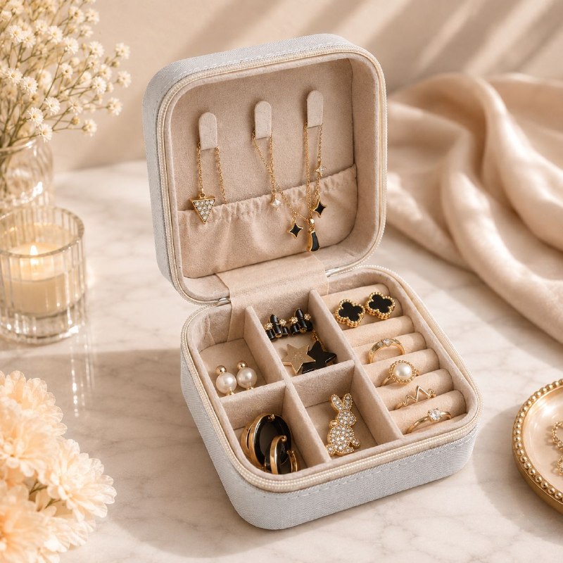 ORGANIZADOR MINI JOYERO DE VARIOS COMPARTIMIENTOS DE TAMAÑO COMPACTO 10.2X10.2CM