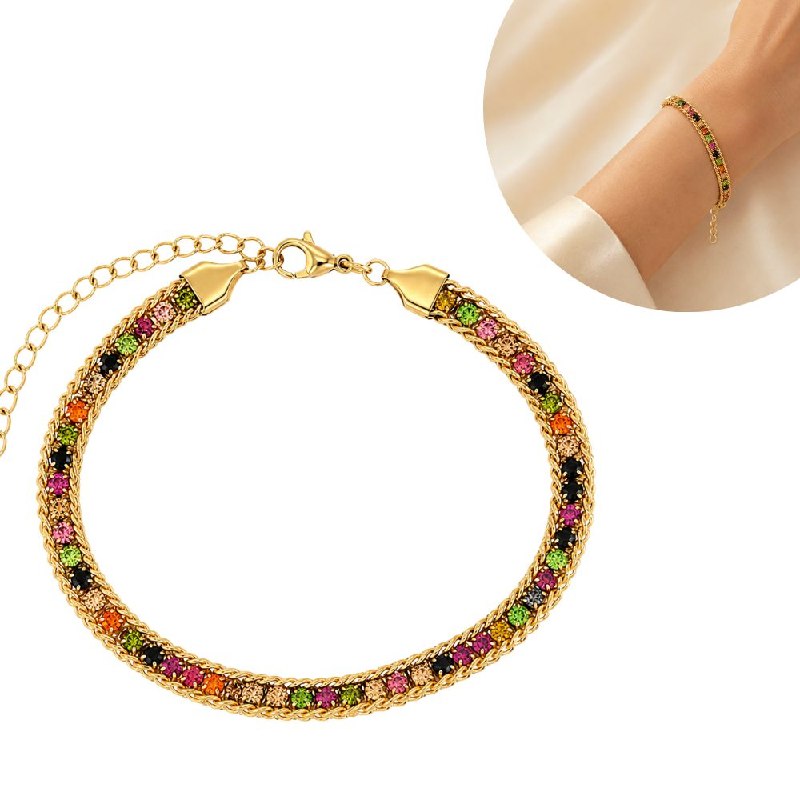 PULSERA DE ENCHAPE PARA DAMA CON DISEÑO DE CIRCONES MULTICOLOR 22.5CM