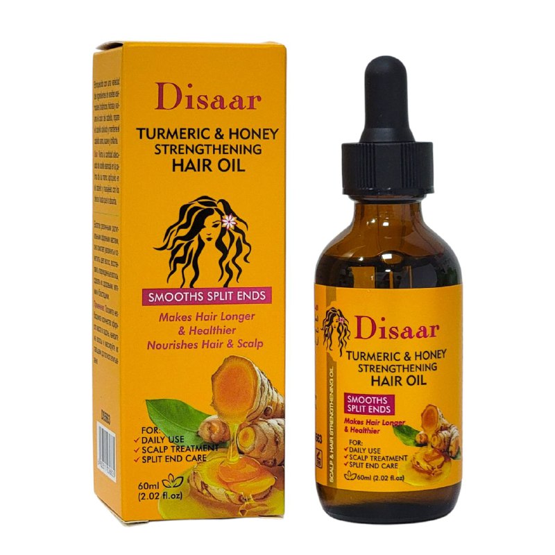 ACEITE PARA EL CABELLO FORTALECEDOR DE CURCUMA Y MIEL, HIDRATA Y ACLARA EL COLOR DEL CABELLO, REPARA EL CABELLO DAÑADO, DEJA SANO SUAVE Y BRILLANTE DISAAR TURMERIC & HONEY STRENGTHENING HAIR OIL 60ML