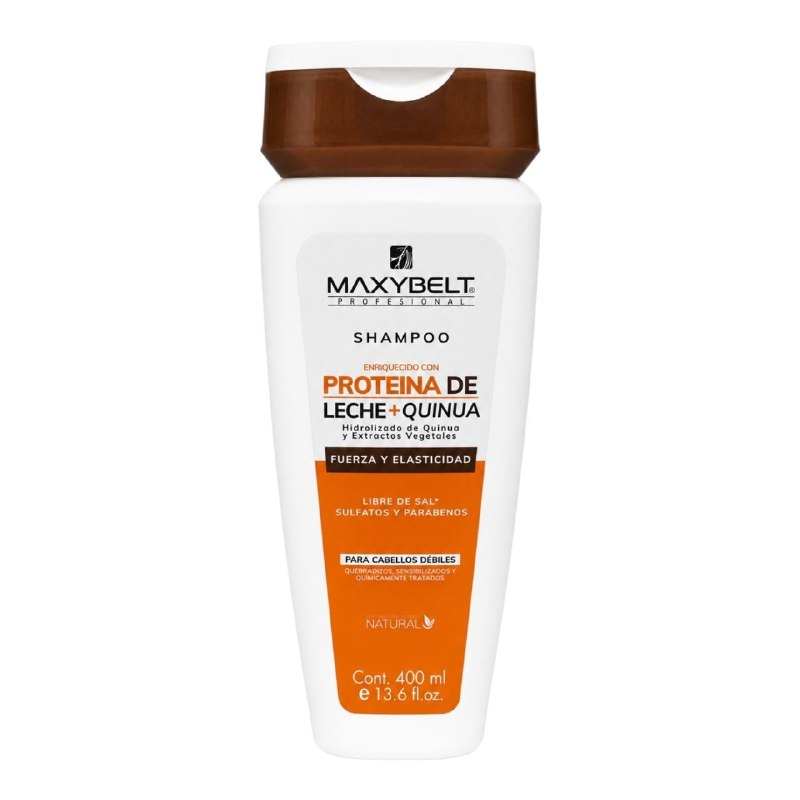 SHAMPOO FORTALECEDOR Y REPARADOR ENRIQUECIDO CON PROTEINA DE LECHE Y QUINUA MAXYBELT 400ML
