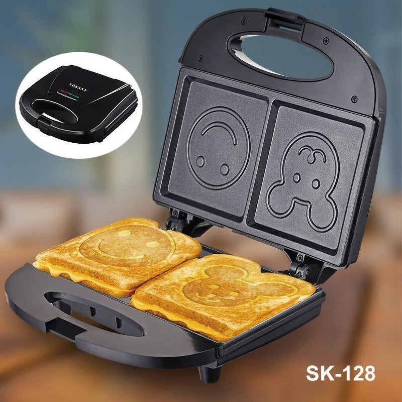 MAQUINA WAFFLERA SANDWICHERA DISEÑO CARITAS SK-128, 750W SOKANY