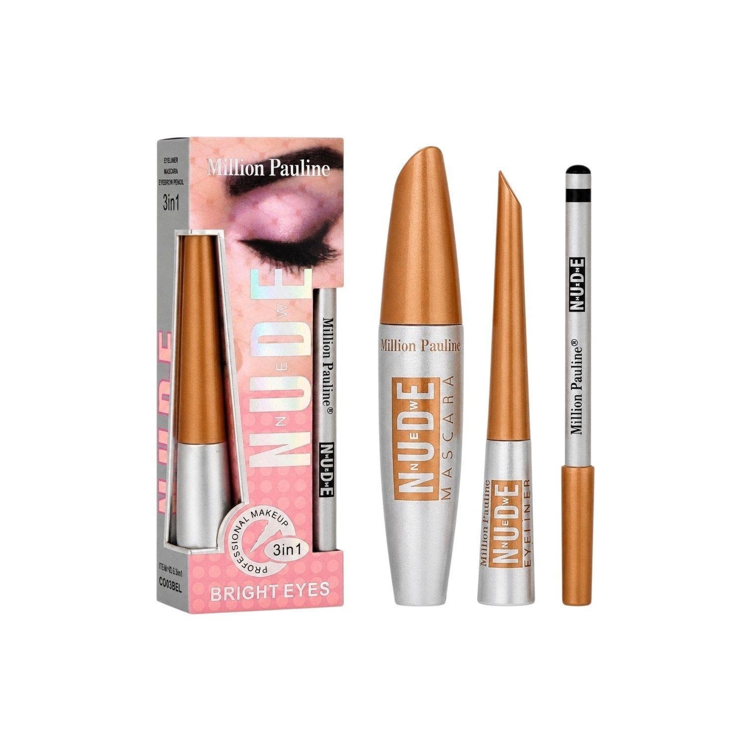 SET DE OJOS CON RIMEL EFECTO DE PESTAÑAS POSTIZAS DELINEADOR DE OJOS Y LAPIZ PARA CEJAS 3PCS MILLION PAULINE (DUPE DE MAX FACTOR)