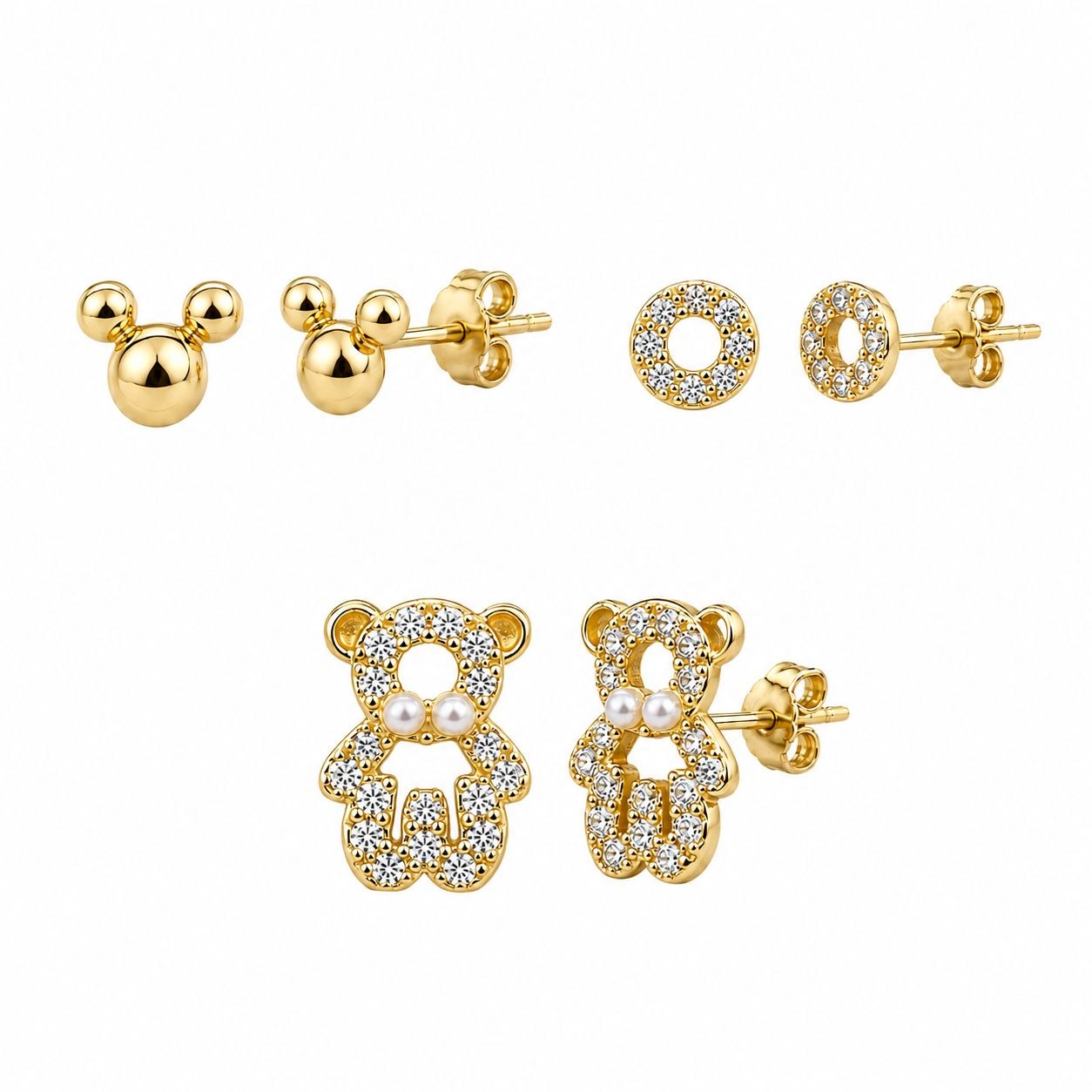 SET DE 3 PARES DE ARITOS DE ENCHAPE PARA DAMA OSITOS CON PERLAS, AROS DE CRISTALES Y RATONCITO