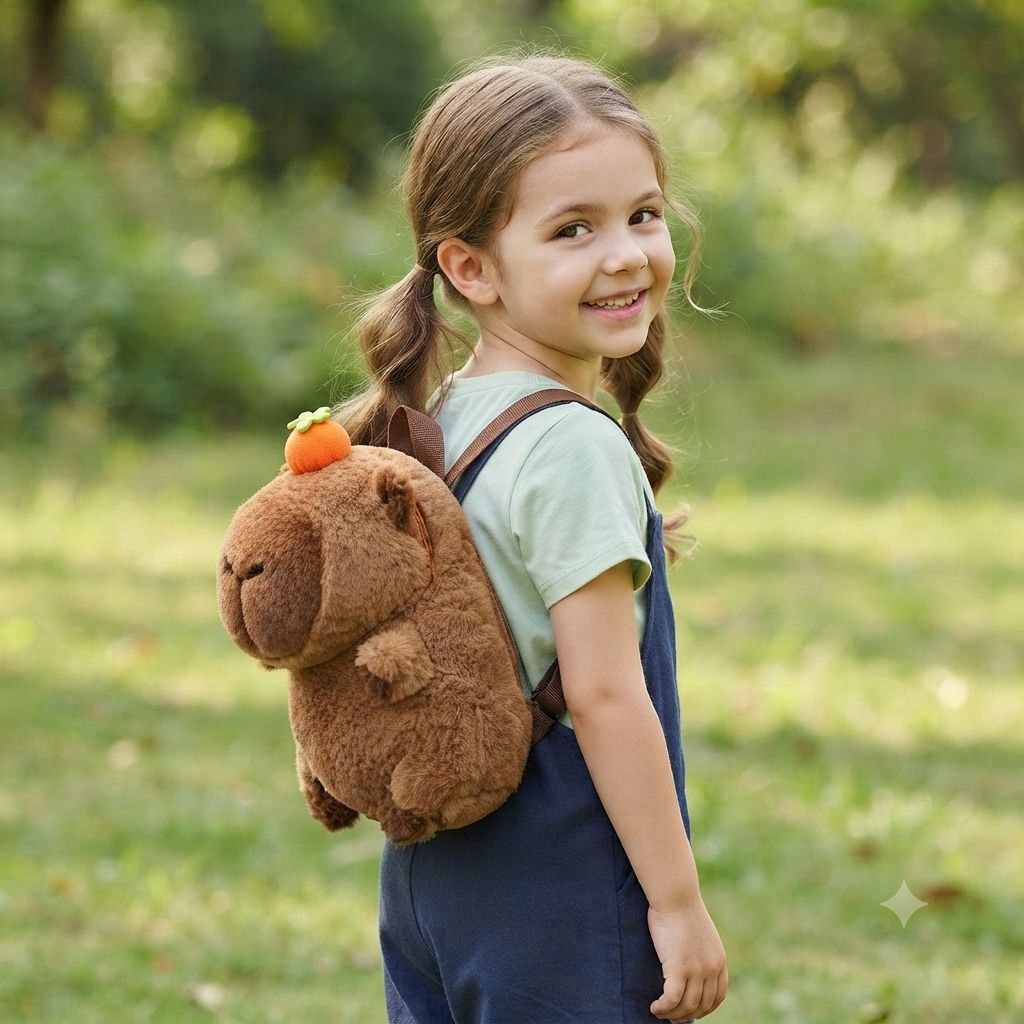 MOCHILA DE PELUCHE DE CAPIBARA PREMIUM BOLSO INFANTIL DE FELPA SUAVE CON FRUTA INTERACTIVA Y CORREAS AJUSTABLES  22x17 CM