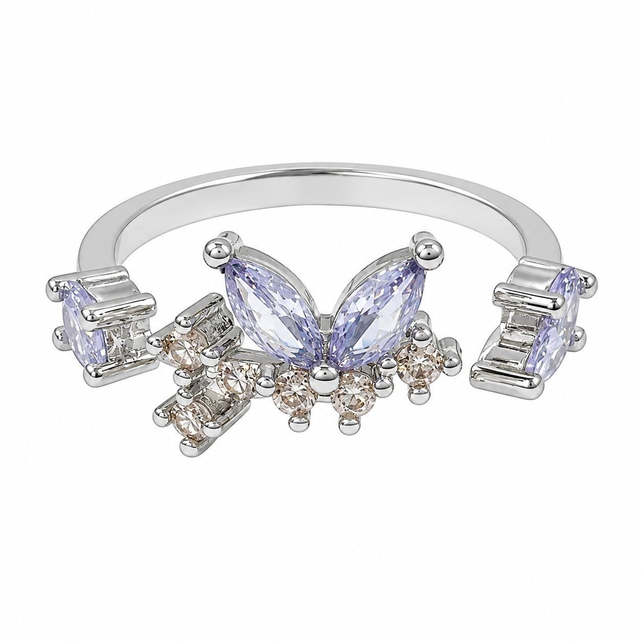 ANILLO DE ENCHAPE PARA DAMA CON DISEÑO DE MARIPOSA Y CIRCONES LILAS Y MULTICOLOR