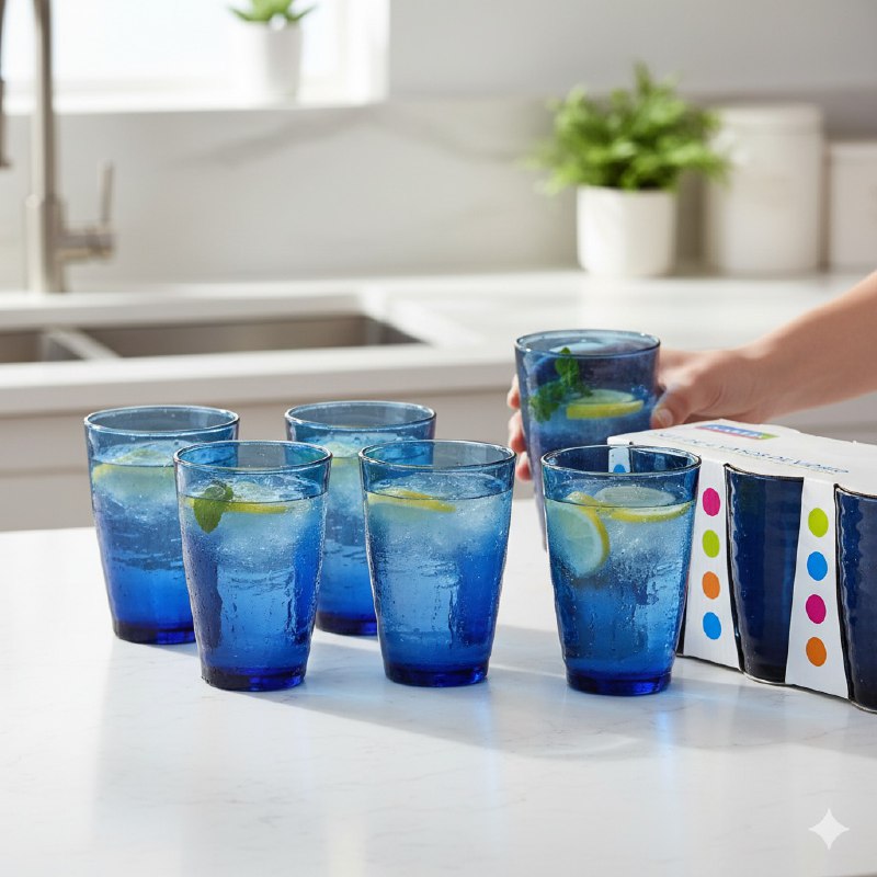 VASOS DE VIDRIO COLOR AZUL ELEGANTE Y MORDERNO EN SET DE 6 PIEZAS 12OZ