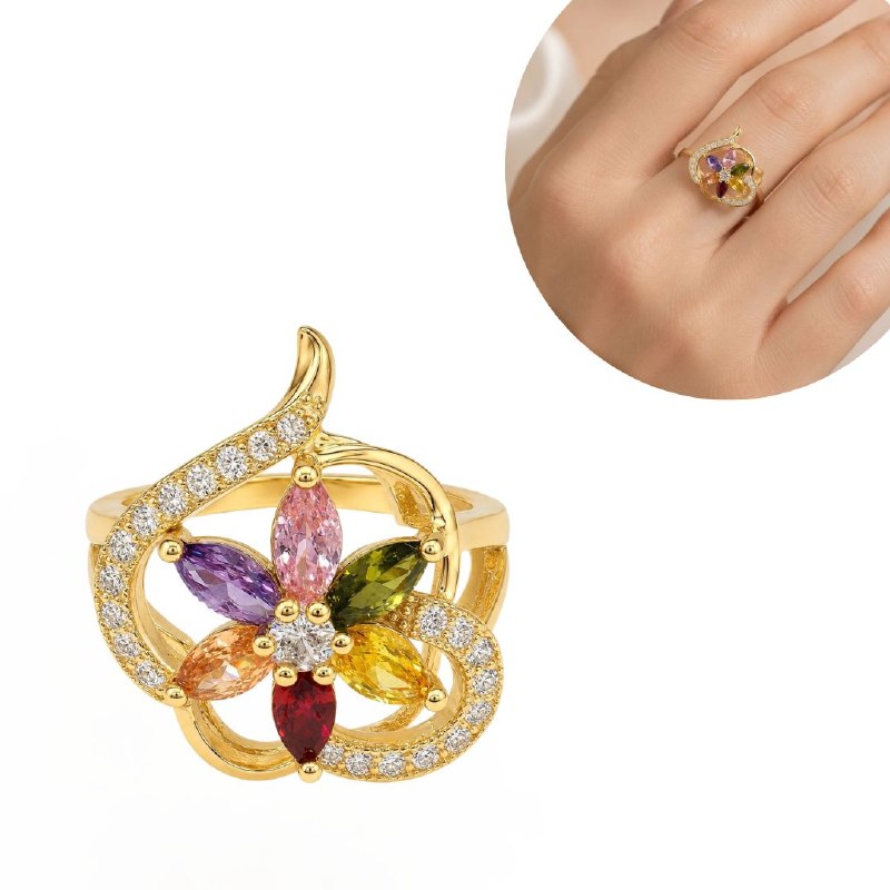 ANILLO DE ENCHAPE PARA DAMA CON FLOR DE CIRCONES MULTICOLOR Y MARCO ORNAMENTAL